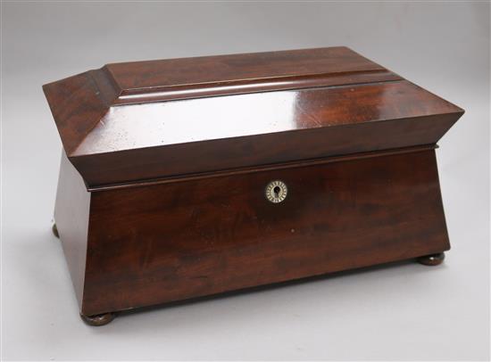 A Victorian mahogany sarcophagus shaped tea caddy width 34cm height 19cm